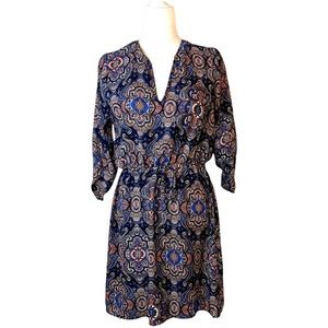 r2d Lightweight Elastic Waist Navy Royal Blue V-neck Paisley Dress Size Medium